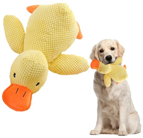 FENGRUI 1 Pcs Calming Duck Dog Toy,Bright Yellow Stress Relief Duck Squeaky Dog Toys,Soft Durable Plush Stuffed Chew Doll with Squeaker for Small Medium Dogs Indoor Puppy(25CM)