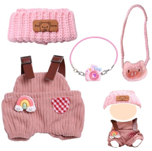 Xerteam 4 Pcs Doll Clothes for 17cm Plush Dolls, 1 Pink Overalls 1 Woolen Headband 1 Pendant 1 Bag, Stylish Plush Doll Clothes & Accessories Cute Sweet Outfit for Girls Boys Gift (No Doll)
