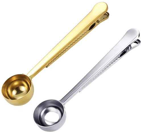 Foyscr 2PCS 7-Inch Coffee Scoop with Bag Clip, Multifunctional Coffee Scoop for Measuring Ground Coffee and Coffee Beans, Stainless Steel Kitchen Tool (Gold+Silver)
