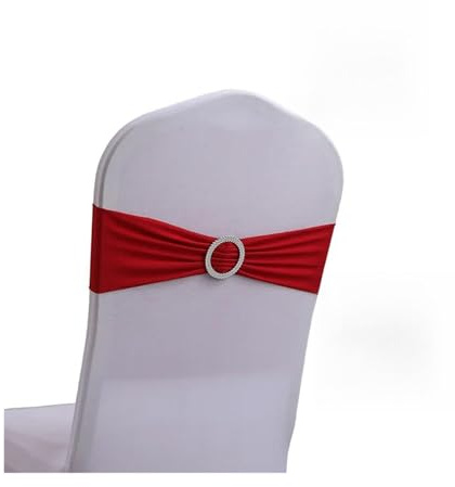 Banda de Satén para Silla 50 piezas de fundas traseras for sillas de boda con nudo, lazo, banda elástica, hebilla, accesorios de decoración, deslizador for decoración de eventos y banquetes(Red)