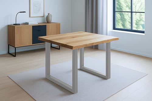 SAM Esstisch Salvador | 80 x 80 cm | Eiche massiv + geölt | Baumkante | U-Gestell Metall Silber | pflegeleichter Esszimmertisch/Küchentisch/Eichenholz-Tisch/Holztisch aus Wildeiche