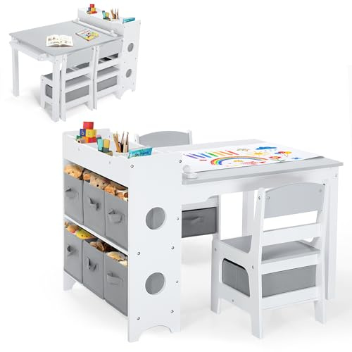 Kinder King Kids Art Table & Chair Set, Wood Toddler Activity Table for Kids Drawing, Reading, Studying, Crafting, Playing, 8 Removable Bins, Paper Roll for Playroom, Nursery, Grey