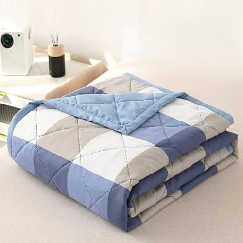 PEIHUODAN Edredón Ligero De Verano, Reversible A Cuadros Manta, Ropa De Cama De Microfibra Ultrasuave, Transpirable para Todas Las Estaciones, Cubrecama Acolchado (Azul+Caqui,200x230 cm)