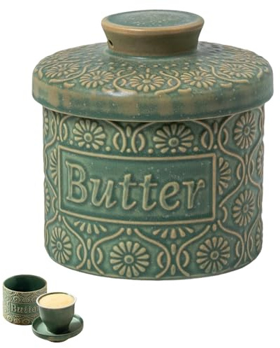 Mantequilla francesa, cerámica, redonda, 250 g campana de mantequilla, recipiente de mantequilla de porcelana, vintage, con tapa para conservar mantequilla fresca, suave y lista para consumir