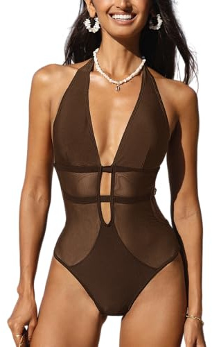 CUPSHE Traje de baño de una pieza para mujer, cuello en V profundo, espalda halter, traje de baño de malla