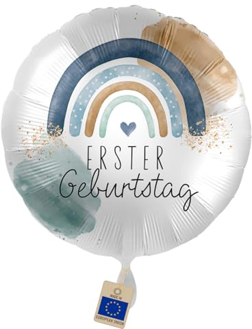 Folienballon Erster Geburtstag – Regenbogen Ballon 1 Jahr | Geschenk und Deko zum 1. Geburtstag für Jungen – Blau/Navy Regenbogen, Luft/Helium, Made in EU