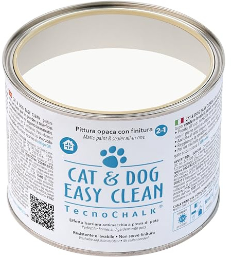 TecnoChalk® Pittura Opaca Antimacchia CAT & DOG EASY CLEAN® - Rende Lavabili Pareti e Superfici Porose - Crea una Barriera Antisporco - Per Casa e Giardino, a Prova di Pets! Bianco Gesso (500 ml)