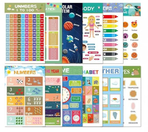 Set di 12 poster educativi, grafici di apprendimento scolastico, 40,2 x 40,2 cm, stampe con numeri e lettere, aiuti visivi colorati, ideali per bambini in età prescolare, scuola materna, viaggi, sala