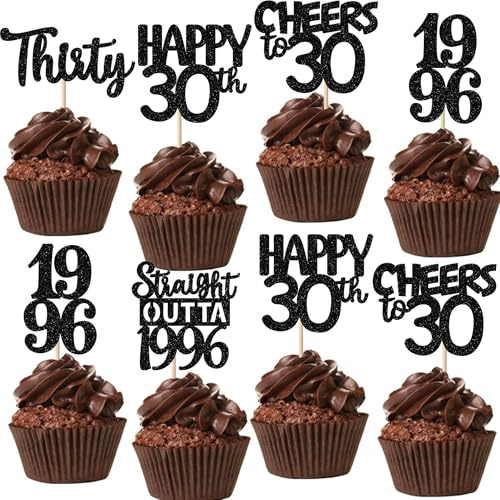 Xsstarmi 30 Pack Happy 30th Birthday Cupcake Toppers Black Glitter Thirty Straight Outta 1996 Cupcake Picks for Cheers to 30 Years 30th Birthday Anniversary Party Cake Decorations