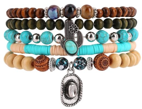 Mikovivi 5stk Western-Perlenarmbänder, Türkis-Imitat-Armband Boho-Schmuck Rustikales Konzert-Cowboy-Accessoire für Frauen