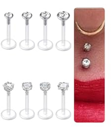 DJCIW 16G 12PCS Klare Bioflex Lip-Labret-Stecker, | hypoallergene Kunststoff-Lipprings mit runden, Herz-, Stern- und quadratischen Kristallköpfen 6mm 8mm 10mm