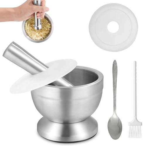 Juegos de Mortero y Mano, 250ml Mortero de 304 Acero Inoxidable, Diámetro 10 cm, Morteros Cocina, Manual de Morteros y Maja, con Cepillo, Cuchara y Tapa de Silicona, Para Moler Especias