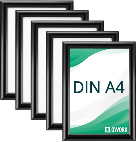 QWORK® Paquete de 5 Marco a Presión - A4 - Perfil de Aluminio de 25 mm - para Póster, Certificados, Dibujos - Negro