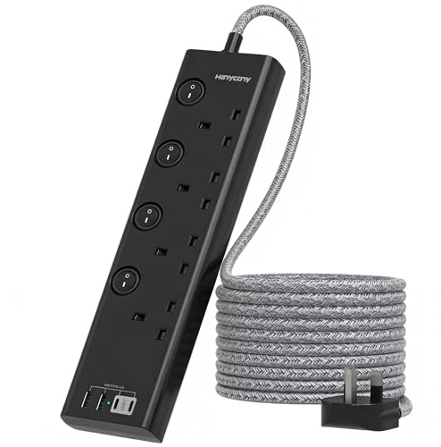 Black Extension Lead 5M, 4 Way Power Strip with 4 USB Ports (2 USB C) | Individually Switched Socket, Wall Mountable Extension Cord, 3250W Desk Charging Station for Home Office Accessories