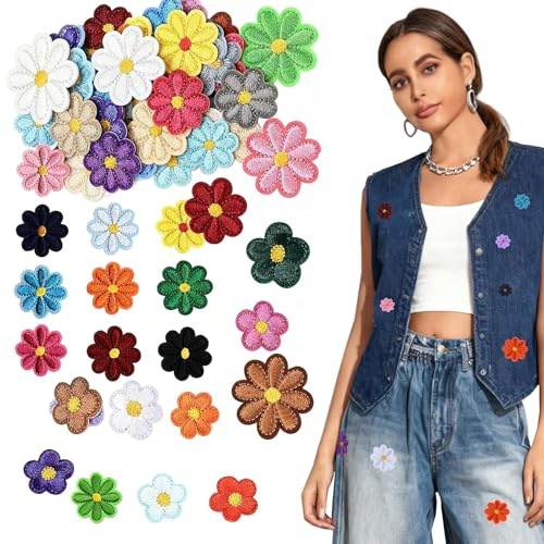 Iron on Patches for Clothing Flowers 50 Pcs, Embroidered Patches Applique Set Cute Sew on Applique Patches Flower Iron on Transfers for Jeans Clothing Hats Bags Arts Crafts DIY Accessories
