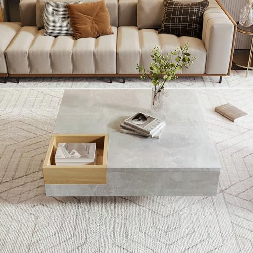 HaoChrymec Couchtisch mit herausnehmbarer Aufbewahrungsbox aus Spanplatte, Betonoptik und Holzfarbe, Kompakter Beistelltisch für Wohnzimmer, Grau, 72x72x30 cm