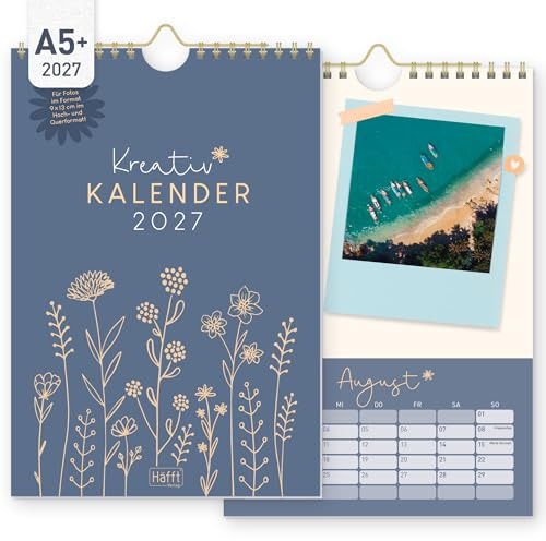 Häfft® Foto-Kalender zum Selbstgestalten 2027 A5+ Fine Flowers blue | Kreativkalender - viel Platz für Bilder, extra dickes 170 g/m²-Papier, bundesweite Feiertage - Bastelkalender zum Aufhängen