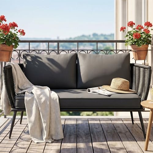 LIFERUN Rattan Lounge Sofa 2 Sitzer,Balkonmöbel,Couch,Kleiner Balkon Wintergarten Garten Terrasse Möbel Outdoor&Indoor, Gartenbank Wetterfest, Sitzbank mit Lehne,Schwarz