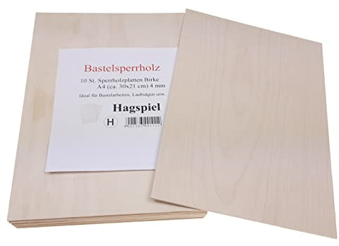 Hagspiel Laubsägeholz, 10 Stk. Sperrholz, Sperrholzplatten, Birke ca. 4 mm DIN A4 (ca. 29,5 cm x 21 cm) ideal zum Basteln, Laserschnitt, Brandmalerei usw.