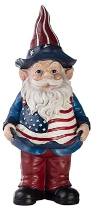 Alpine Corporation 12 Tall Outdoor Americana Garden Gnome with American Flag Bird Feeder and Yard Statue Decoration