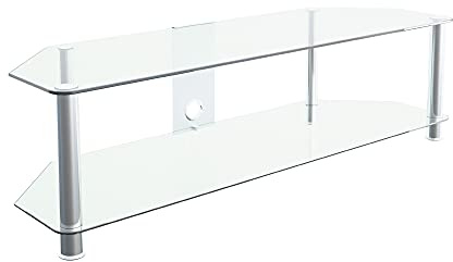 MAHARA Glass Corner TV Stand – Universal Clear Glass Unit 140cm wide - Glass Shelf & Cable Management – Floor Stand Suitable for up to 65” & 60Kg Max
