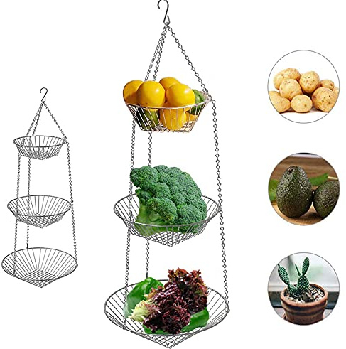 3 Tier Fruit Basket, Vegetable Kitchen Storage Basket Chain Hanging Space Saving Rustic Country Style (Silver)