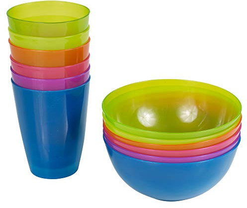 URBNLIVING 12 PCS Multicolour Reusable Plastic Bowls & Cups Set for Breakfast Cereal & Juice