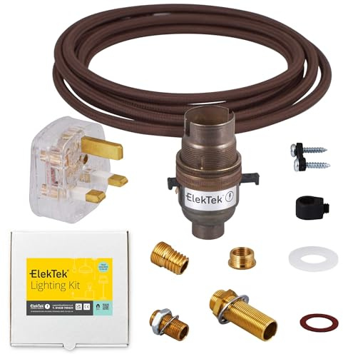 Kit de lámpara Premium latón antiguo interruptor de seguridad B22 soporte de lámpara con redondo marrón Flex y enchufe 3A Reino Unido