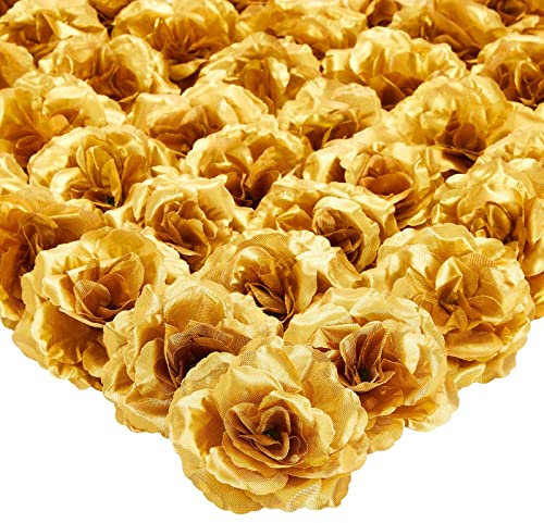 50 Pack Gold Roses Artificial Flowers Bulk, 7.6 cm Stemless Fake Silk Roses for Decorations, Wedding, Faux Bouquets