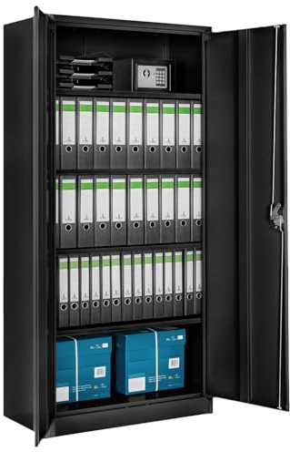 tectake® Armario Archivador Oficina en Acero 180x90x40 cm, Armario Exterior e Interior con Cerradura, Armario Multiusos con 2 Puertas, 4 Estantes Ajustables y 5 Alturas, Fácil Montaje - Negro