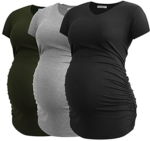 Smallshow Ropa de Maternidad con Cuello en V para Mujeres Blusa de Embarazo con Pliegues Laterales Set de 3,Army Green-Black-Light Grey,L