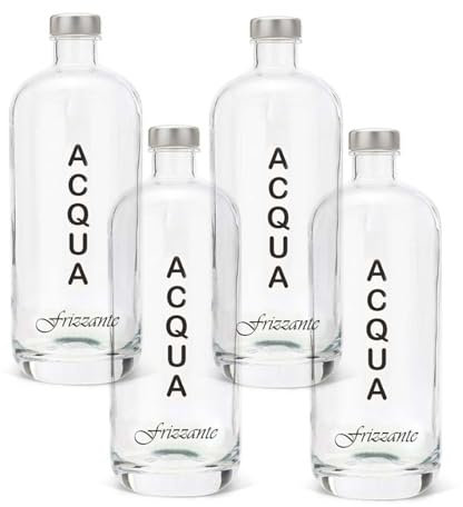 BrandPrint Bottiglia in Vetro Modello Artemide da 1Lt, con Tappo a Vite. Set da 4 bottiglie.Tappi, colore ARGENTO Inclusi. 4 Unità serigrafate, con dicitura: Frizzante