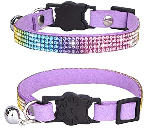 Haustierhalsband, Strass-Katzenhalsband mit Glöckchen, Sicherheitsschnalle, verstellbar, für Katzen, Hunde (XS: Violett)