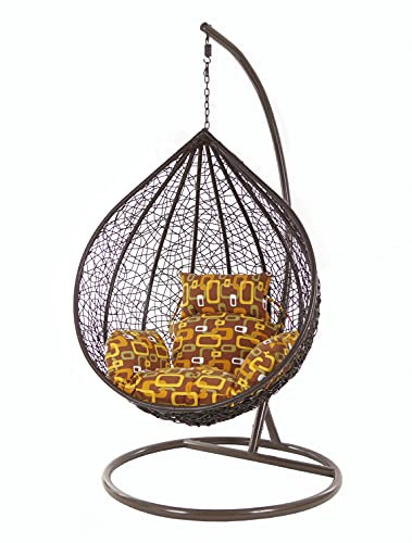 KIDEO Komplettset: großer Hängesessel mit Gestell & Kissen, XXL Größe, Korbsessel, Poly-Rattan, (Korb & Gestell: Dunkelbraun, Kissen: braun/Gemustert Nest (7117_Hello_Seventies))