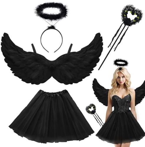 Disfraz de ángel para mujer, negro, falda de TUTU, vuelos de ángel, aureola y varita, alas de ángel, decoración de alas negras y falda de TUTU, disfraces de Halloween, cosplay, niños adultos