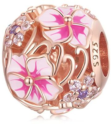 Cherry Charms für Pandora Armbänder, 925 Sterling Silber Gold Plated Pink Cherry Blossom Charm mit Cubic Zirkonia, Schmuck Geschenk für Frauen Mädchen