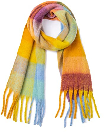 SHOHOKU Large Chunky Plaid Scarf Coloured Checked Oversized Scarf Tassel Soft Fall Winter Thick Warm Shawl Women(E)