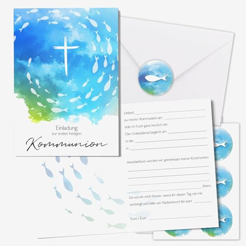 younikat Kommunion Einladungskarten 15x im Set mit Umschlägen und 18 Aufklebern - Kommunionskarten zur Erstkommunion - mit Text - Jungen Mädchen - dv1204