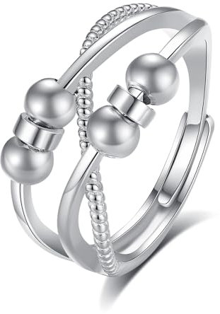 EUDORA Harmony Ball Stress Ring für Frauen Damen S925 Sterling Silber, Anxiety Anti Stress Ring Angst Stress Ring Relief Einstellbare Spinner Ringe Fidget Ring Anti Stress Geschenk für Damen Frauen