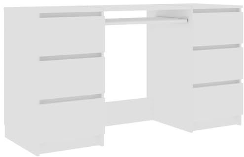 vidaXL Escritorio blanco con 6 cajones en madera de ingeniería, estación de trabajo para oficina en casa con amplio almacenamiento, mesa de estudio, escritorio de computadora, estilo escandinavo
