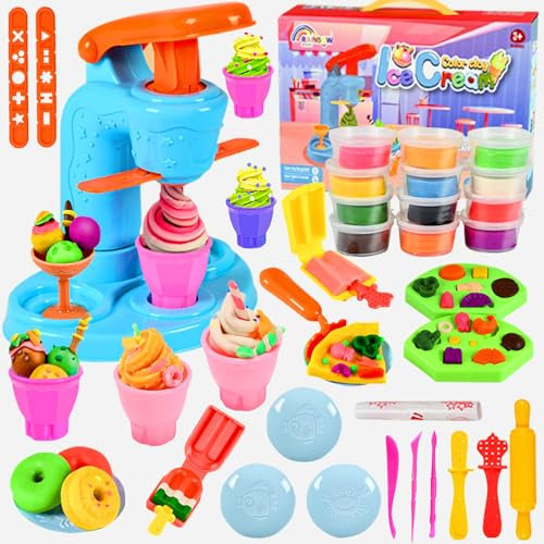 Crelloci 34 PCS Ice Cream Play Color Dough Set, Dough Accessories with Ice Cream Maker Machine, Kitchen Creations Pizza Color Dough Play Sets for Kids 3 4 5years Boys and Girls