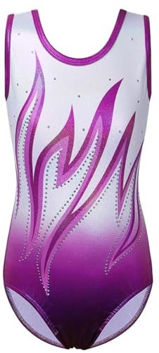 NEMAA Gymnastikanzug für Teenager, Gymnastikanzug für Mädchen, Flammen-Druck, Ballett-Overall, ärmellos, Ballerina, Übungs-Kostüm, Bodysuit, B277 WhitePurple, 14 Jahre