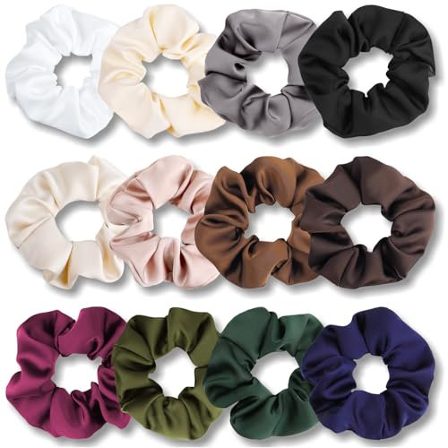 PROPOG Scrunchies Haargummi, 12 Stück Silk Haargummi Scrunchie Braun Scrunchies Seide GroB Satin Haargummis Zopfgummis Damen Hair Ties Set für Dickes Dünn Haar Pferdeschwanz Haarschmuck
