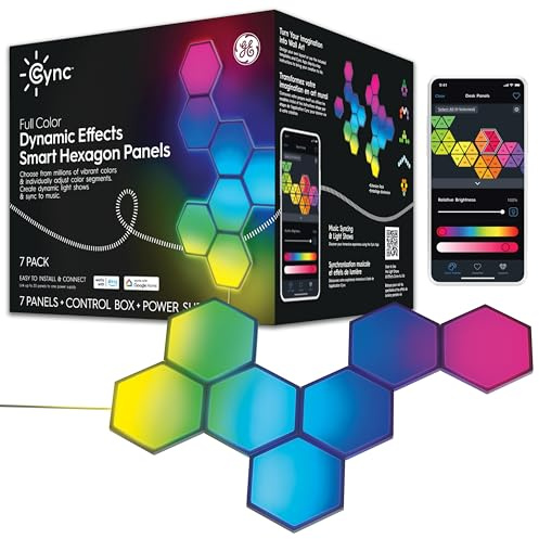 Cync GE Dynamic Effects Indoor Hexagon WiFi Smart LED Color Changing Lights, Wall Light Panels for Room Décor, Gaming Setup, Music Sync LED Wall Art, Works with Alexa and Google, 7 Panels