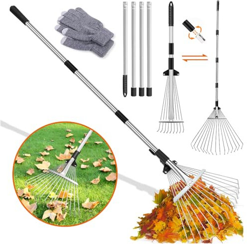 Laubrechen,Gartenrechen mit 2.15M Verstellbare Metallstange und Handschuhe,Laubbesen,Fächerbesen Metall,Laubfächer, Rasenrechen für Reinigen von Pflanzen, Rasen und Hof