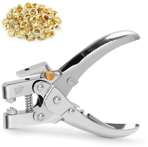 Nutmanel Alicates para Ojales Profesionales, Remachadora de Ojales Metálicos con 100 Ojales (Ø interior 5 mm), Remachadora de Ojales para Lonas y Telas, para Lona, Cuero, Cartón, Tela PVC