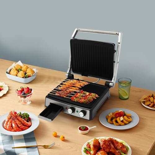 OMGGYER Kontaktgrill Edelstahl Sandwichtoaster, 180-Grad-Öffnung Antihaftbeschichtung Plattengriller Toaster, 2800W Elektrogrill Tischgrill Sandwich Grill Toaster, Einstellbare Temperatur
