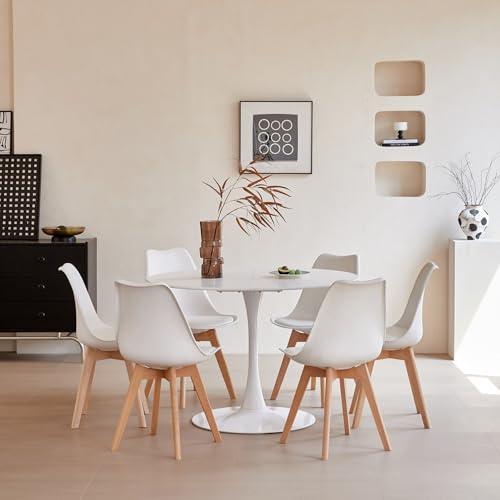 DEYARNA HOME Esszimmergruppe mit 6 Essstühlen, Runder Esstisch und Stühle für Esszimmer, Küche, Wohnzimmer, Weißer Esstisch und Weiße Stühle