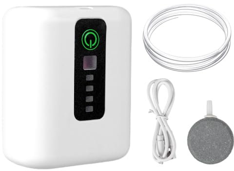 Leise Aquarium Luftpumpe, USB Wiederaufladbare Mini Sauerstoffpumpe mit 1800 mAh Akku und Luftsteinen fur Fischbecken, Outdoor-Fischen, Wassertransport, Aquaristikmarkt