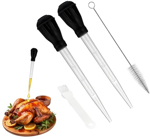 2 Pcs Turkey Baster Large with Oil Brush Cleaning Brush,TPR Dropper Rubber Head,Heat Resistant Pipette for Cooking,Food Meat Injector for Baking Marinating BBQ Grill Beef Pork Fish Bacon Other Food